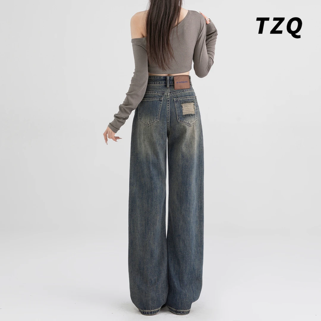 美式水泥灰直筒牛仔裤女秋季2025新款小个子垂感拖地裤TZQ80853