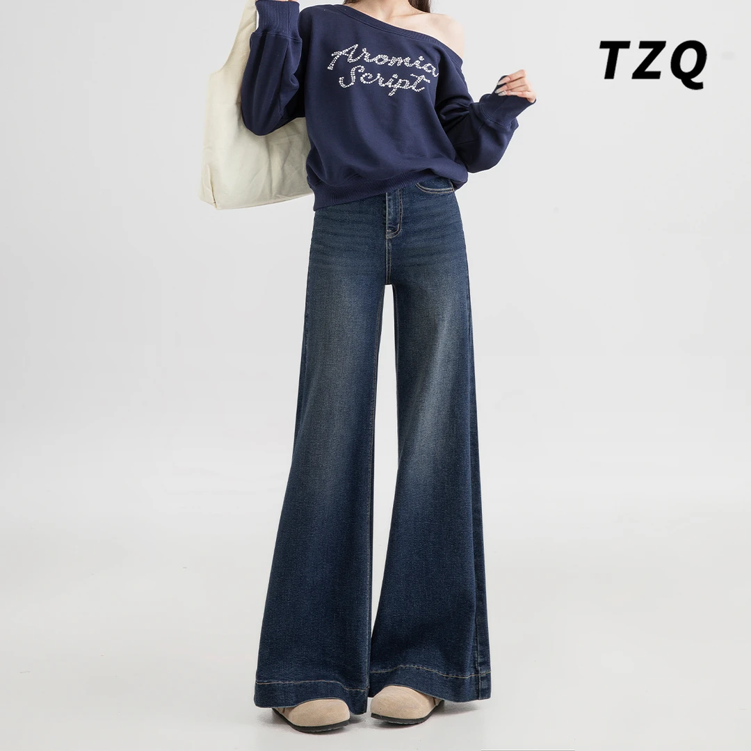 美式复古直筒牛仔裤女新款高腰弹力显瘦宽松垂感阔腿裤TZQ100358