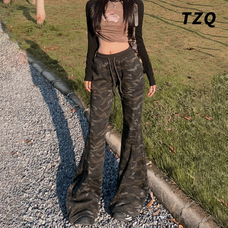 美式复古修身微喇休闲裤女低腰垂感显瘦阔腿迷彩长裤子TZQ121008