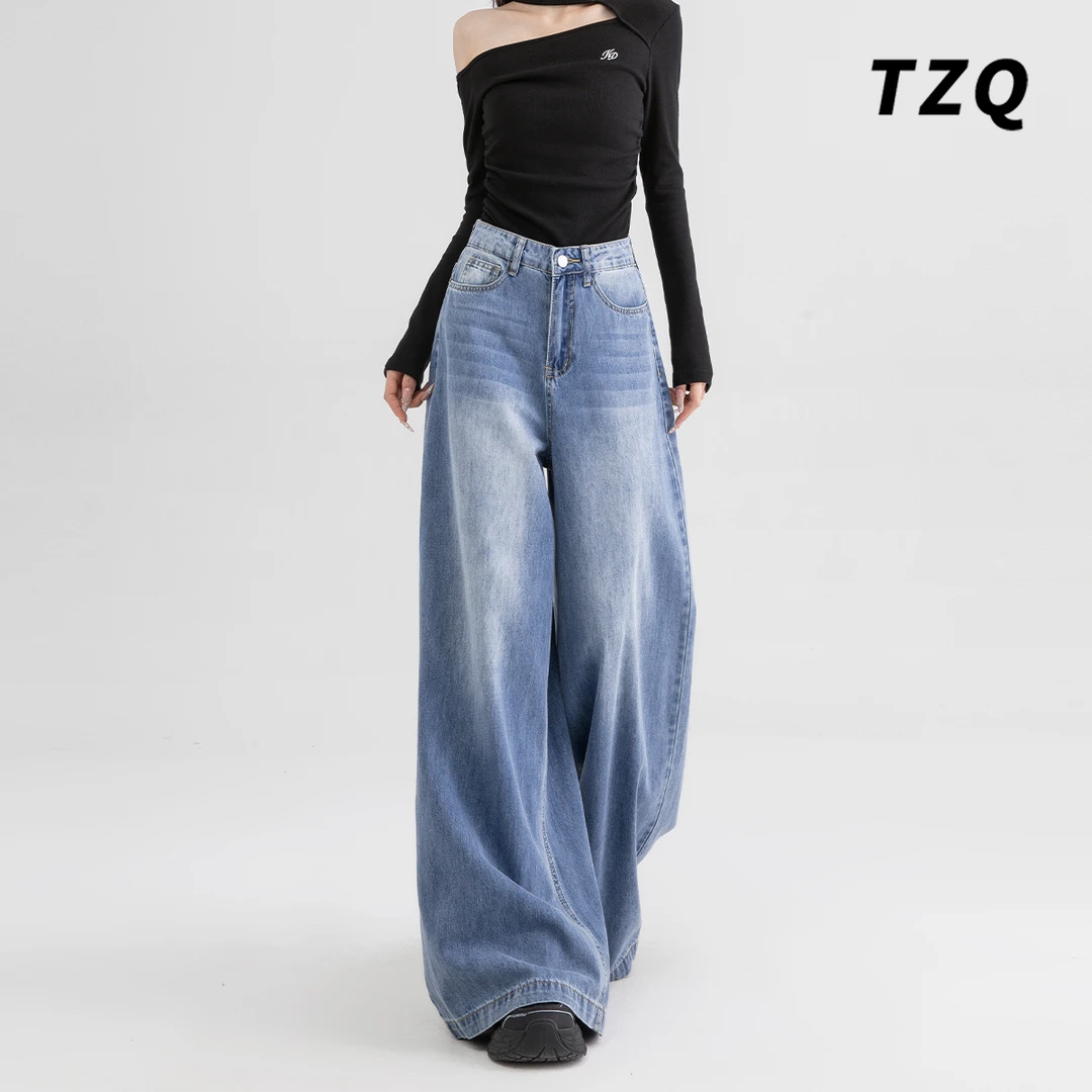 浅色直筒牛仔裤女款爆款2025新款秋季高腰宽松显瘦垂坠感阔腿裤子