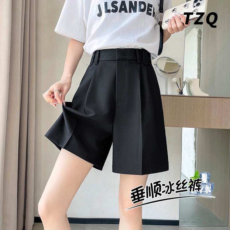 黑色垂顺冰丝阔腿西装短裤女2024新款夏季高腰显瘦休闲薄款五分裤