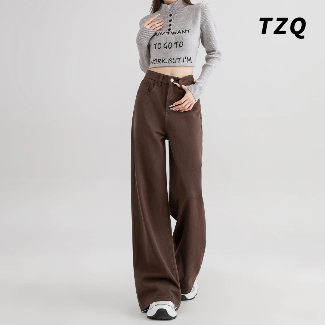 复古咖色牛仔裤女款爆款2025秋季百搭高腰宽松直筒显瘦阔腿拖地裤