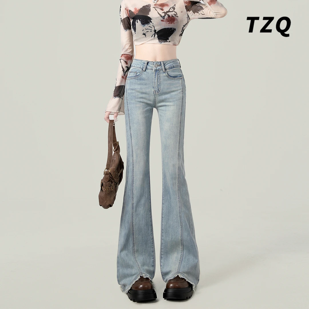 设计感毛边微喇牛仔裤女2024夏季新款高腰修身显瘦马蹄裤拖地裤子