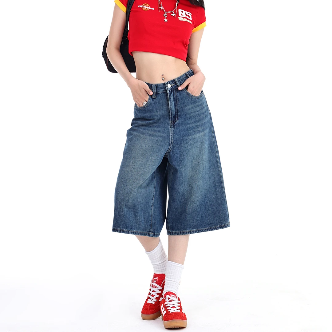 复古宽松阔腿牛仔短裤女款爆款2025新款高腰显瘦七分裤TZQ073001