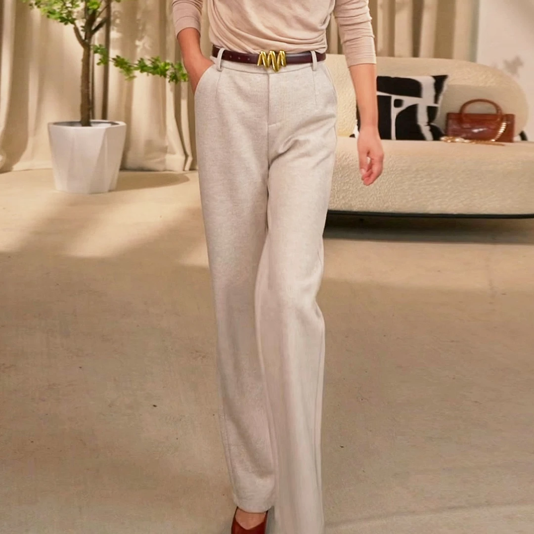 秋冬时尚高端休闲裤垂感气质百搭高腰醋酸羊毛设计师显瘦直筒裤
