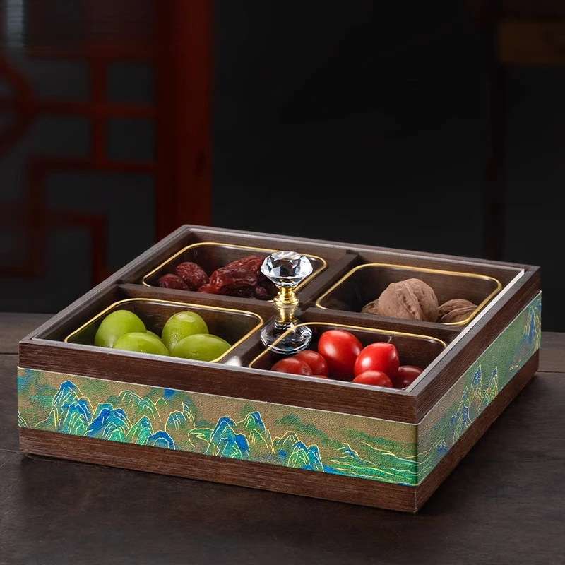 中式实木分格干果盒糖果零食家用客厅收纳盒摆放盘家用水果盘创意