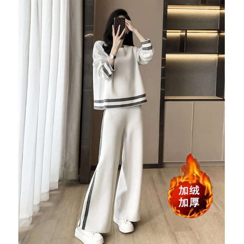 加绒加厚纯棉小香风卫衣运动套装女春秋新款高级感阔腿裤两件套