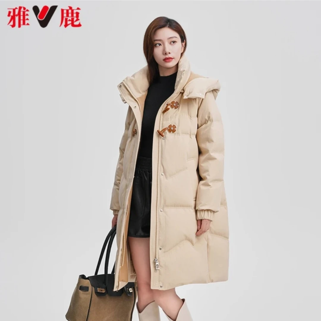 V/雅鹿羽绒服2023女秋冬新款中长款户外连帽90白鸭绒保暖时尚百搭