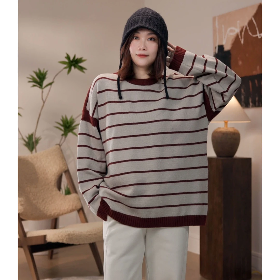 【FAN SU自制】休闲宽松套头圆领时尚百搭条纹慵懒风毛衣