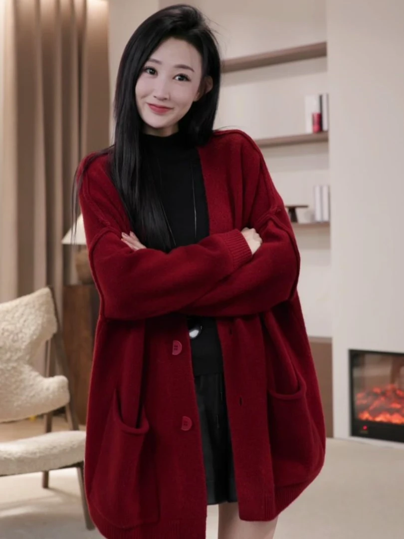【FANSU】2024新款毛针织时尚休闲宽松红色秋冬大毛衣开衫外套
