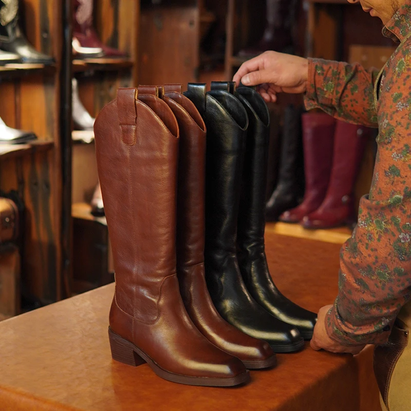 布朗手工定制骑士靴女西部牛仔靴2024新款牛皮复古粗跟方头长靴子