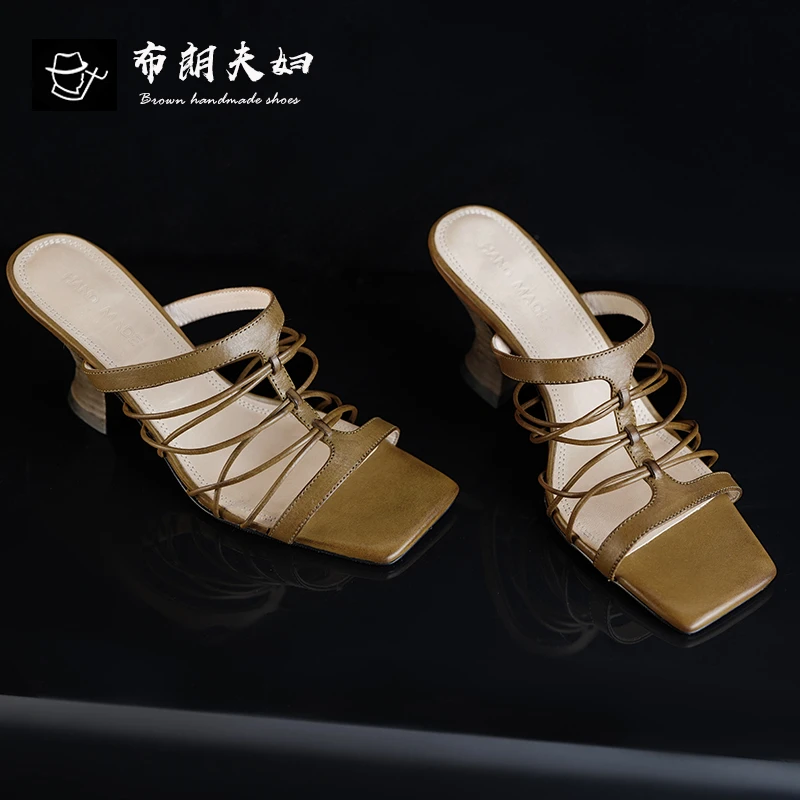 复古细带高跟凉鞋女马皮外穿拖鞋穆勒真皮手工小众设计罗马凉鞋女
