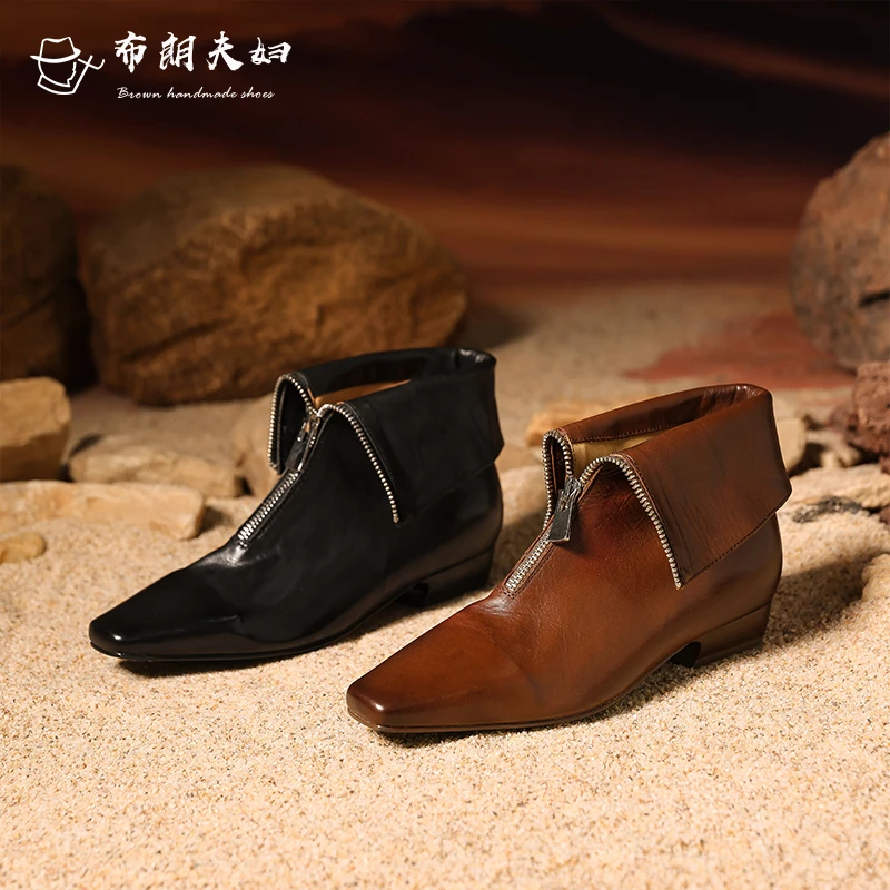 擦色复古粗跟短靴女2024秋冬新款欧美裸靴显瘦气质方头棕色靴子