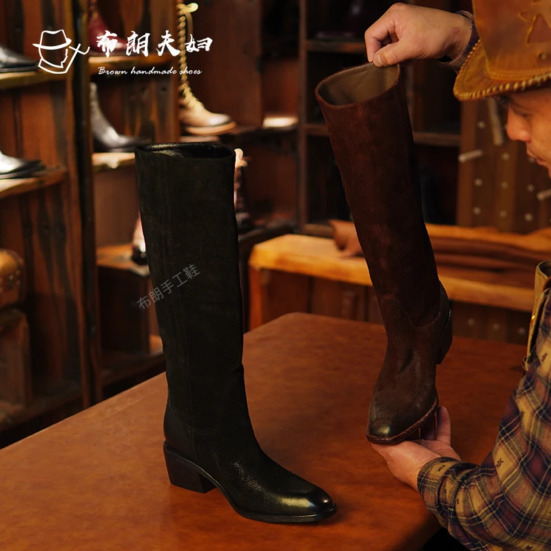 布朗手工鞋复古长靴女一脚蹬牛皮骑士靴中跟堆堆靴百搭洋气不过膝