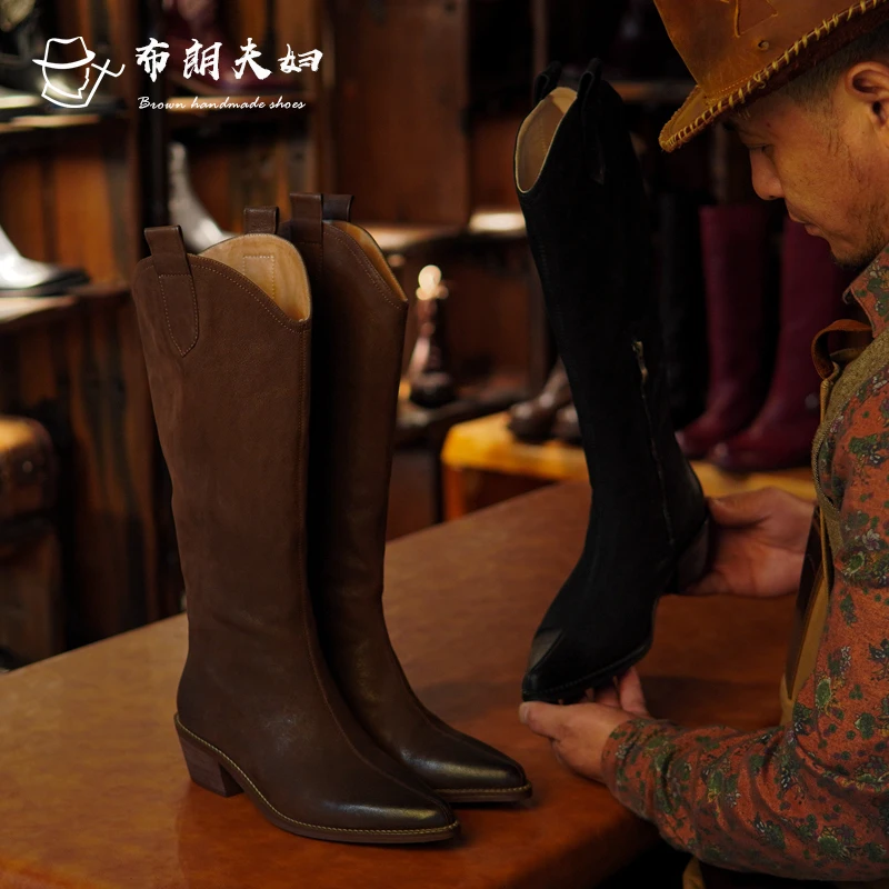 手工制作 布朗家复古长靴女不过膝中跟西部靴真皮百搭骑士靴马靴