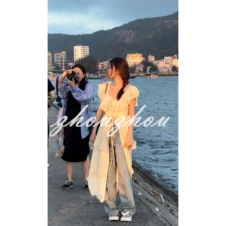 周周 度假风防晒系带方领一字肩连衣裙女装夏季宽松长款裙子+背心