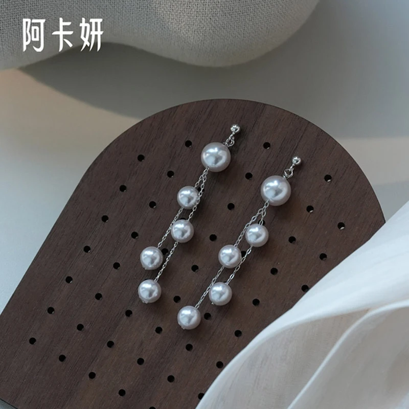 阿卡妍 925银耳饰 优雅曼塔玫瑰长款流苏耳钉女耳饰小众珠珠耳环