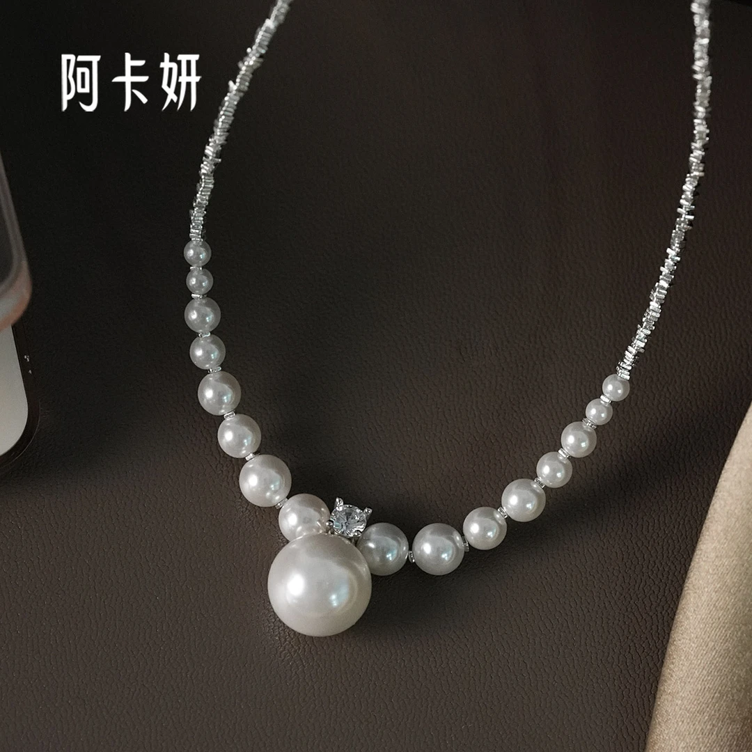 阿卡妍 链子925银合成锆石 法式强光珠珠小众设计碎银子ins锁骨链