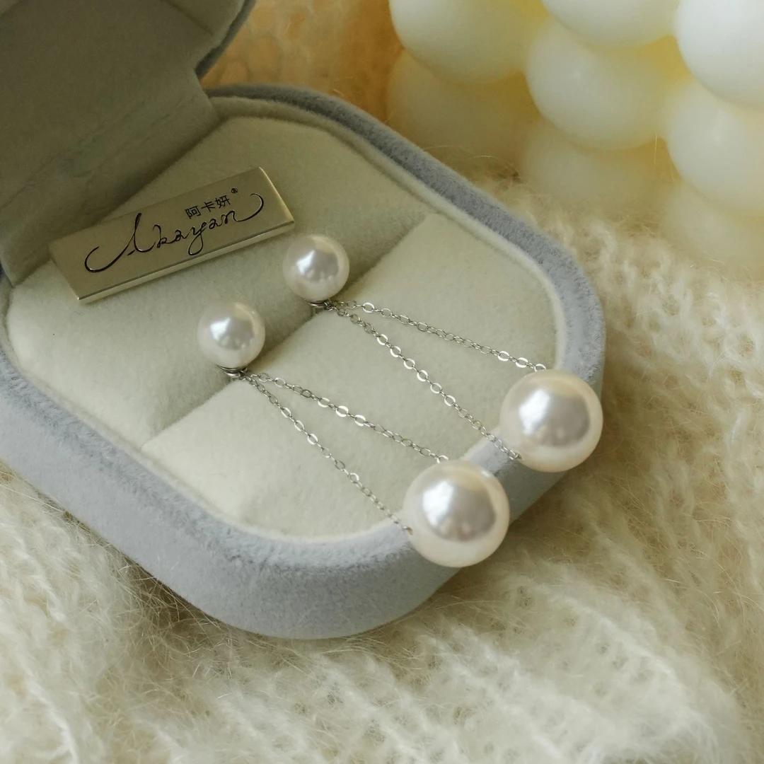 阿卡妍 925银耳饰 大小珠路路通流苏耳钉甜美优雅时尚百搭女耳饰