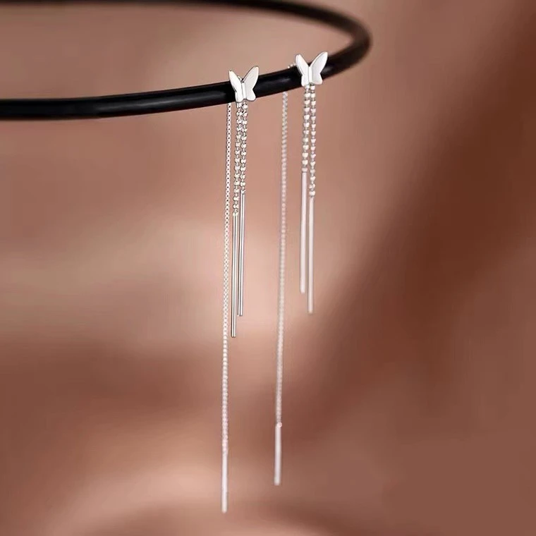 阿卡妍 925银耳饰 清新蝴蝶耳线女ins新款小众设计感长款流苏耳坠