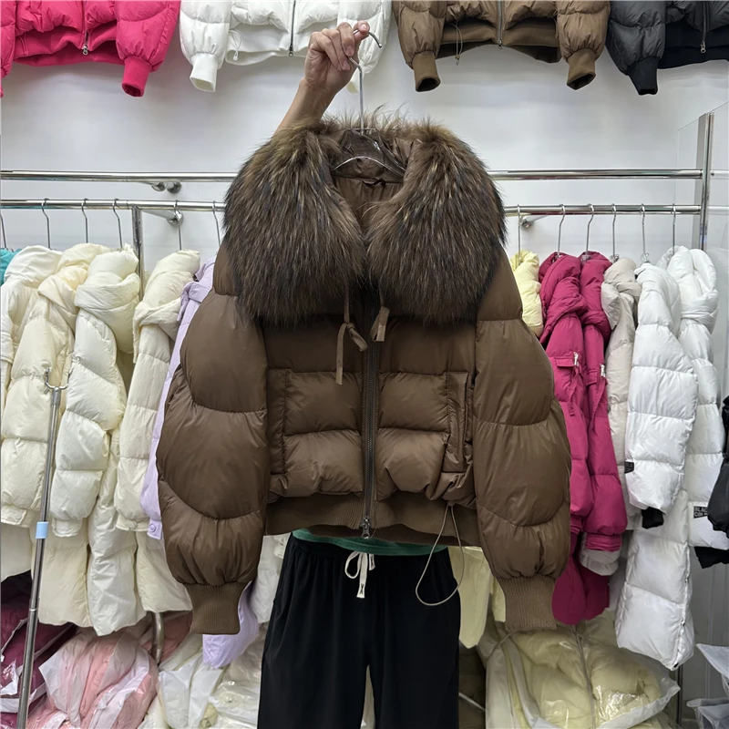 短款羽绒服女小个子2023新款白鸭绒加厚超大真毛领韩版宽松外套潮