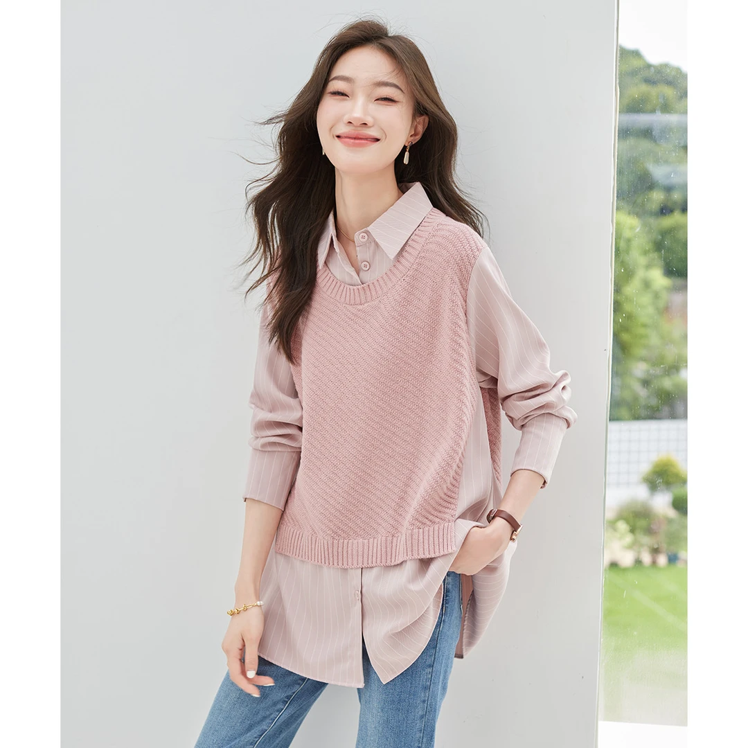 欧莎｜【免搭配 假两件】春秋女式时尚休闲拼接衬衫长袖针织衫显