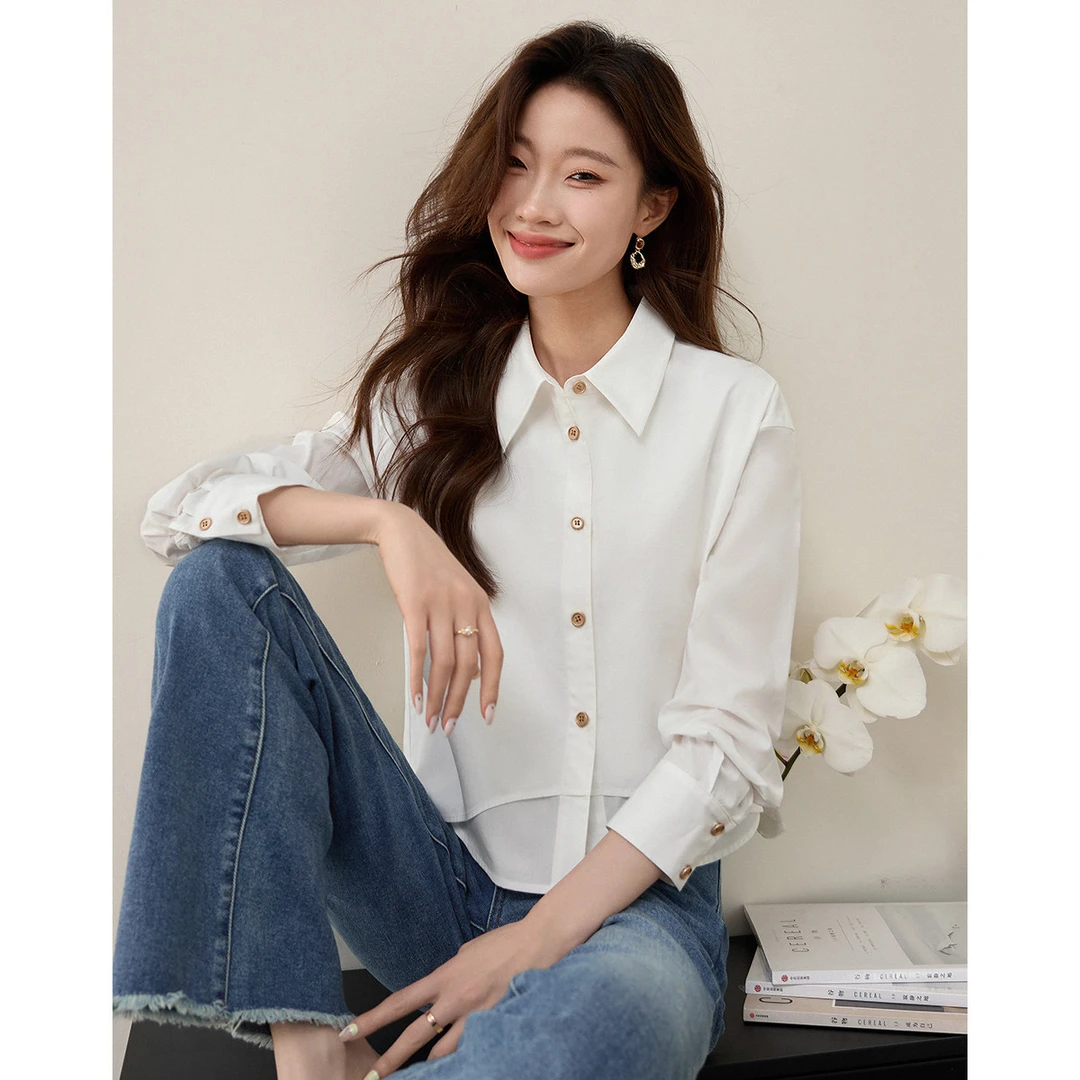 熙世界｜春款时尚简约设计感不规则拼接下摆衬衫