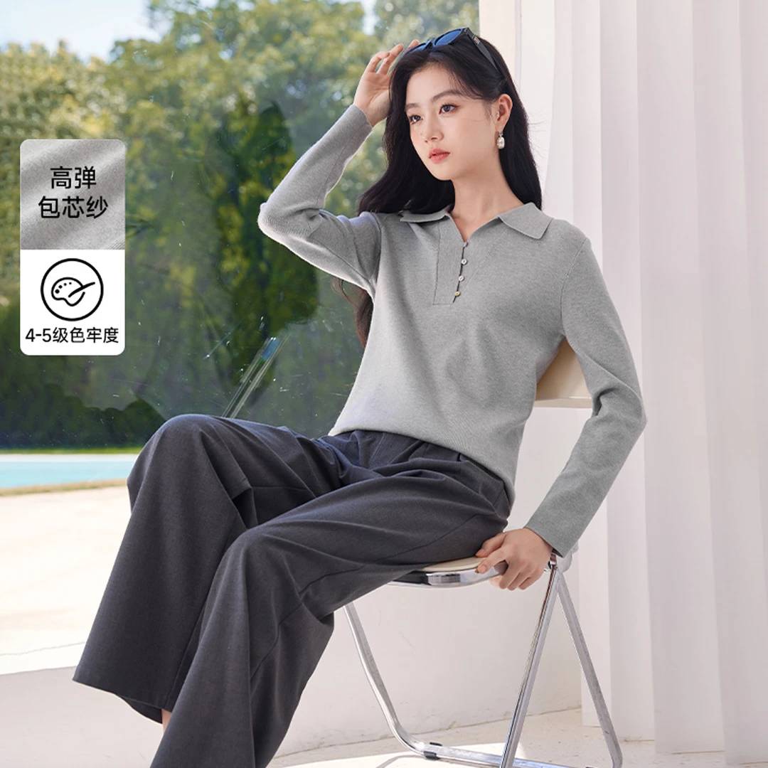 香影｜【春装新款】polo翻领针织衫气质正肩纯色包芯纱内搭上衣