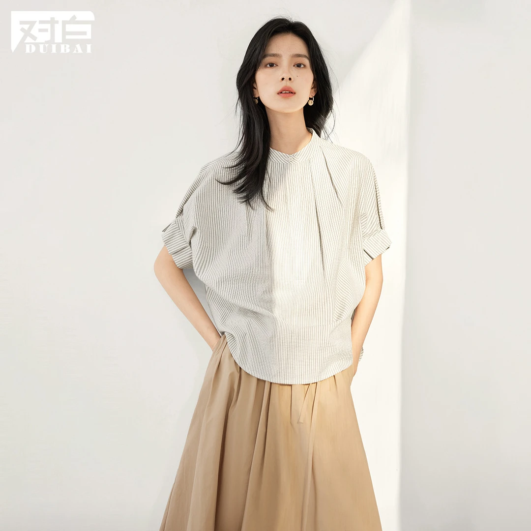 对白｜2024夏装撞色竖条纹袖口捏褶领口立体褶女式短袖衬衫