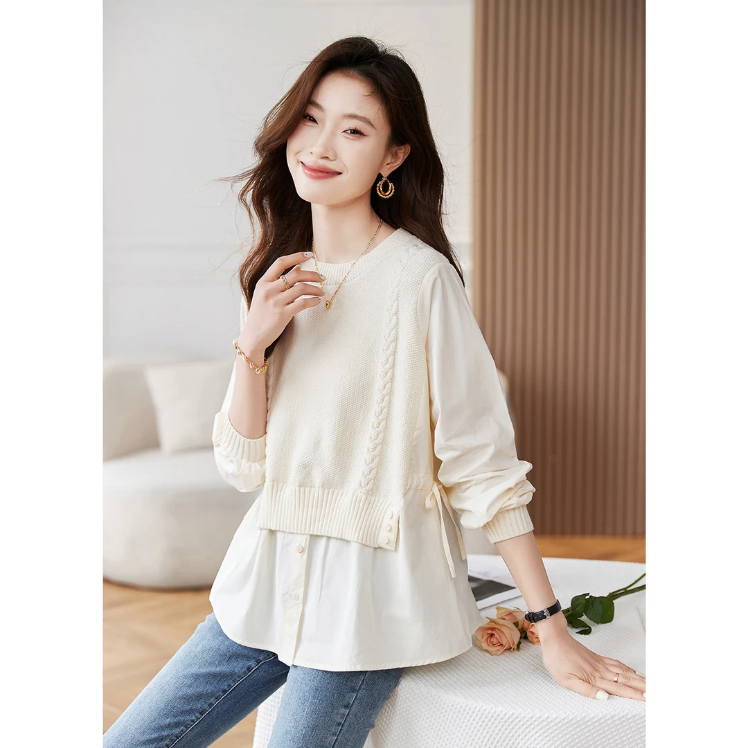 欧莎｜【免搭配假两件】秋装女式显瘦圆领麻花拼接衬衫长袖针织衫