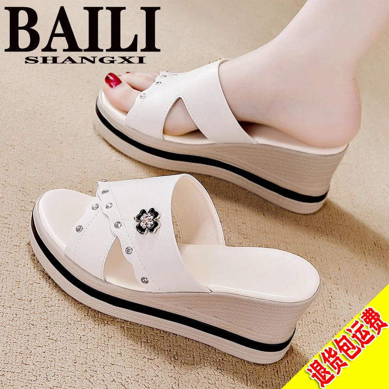 百丽尚熙坡跟女士拖鞋2023夏季高档透气凉拖女外穿时尚百搭高跟鞋