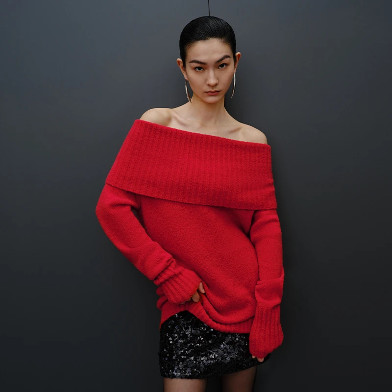 【毛衫】艾诺丝雅诗 性感翻领一字肩毛衣  41218077