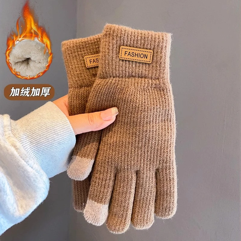 手套女士冬季保暖加绒加厚骑车针织防滑触屏防风防寒骑行毛线手套