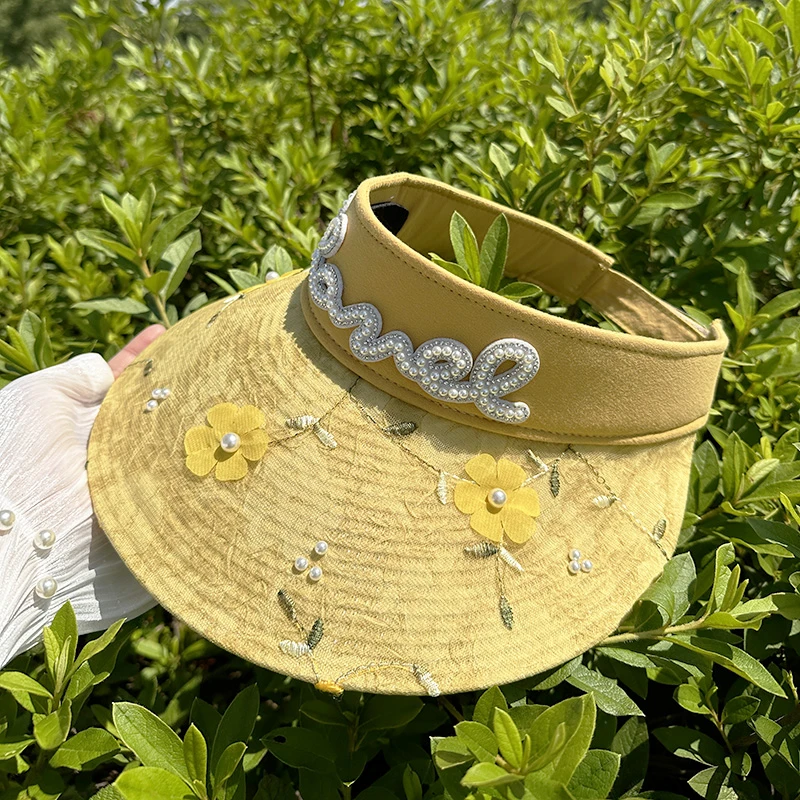 蕾丝花朵珍珠编织空顶草帽女夏季大帽檐遮阳防晒帽田园风太阳帽子