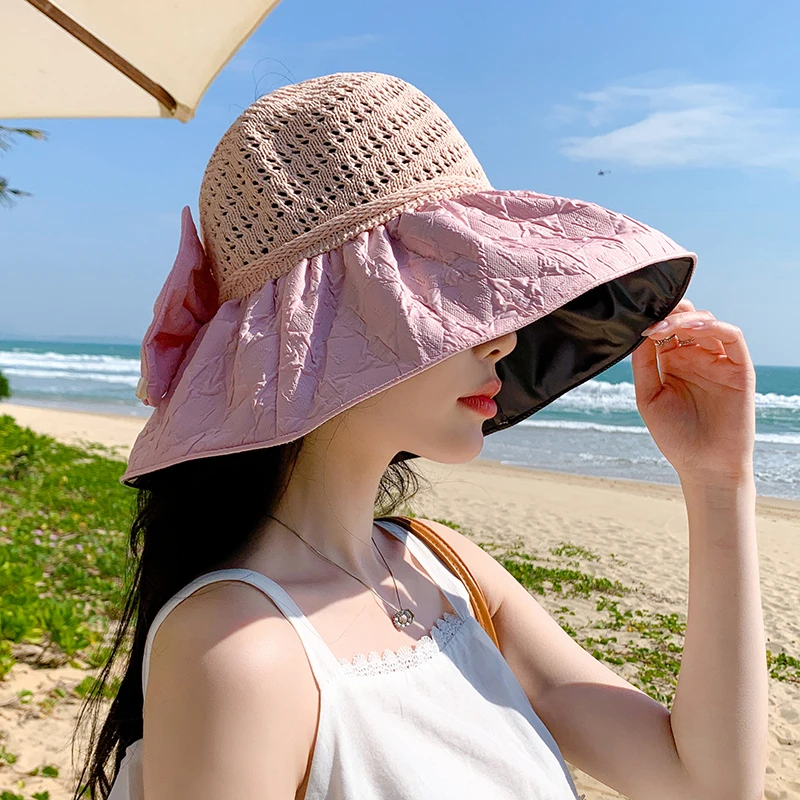 新款黑胶蝴蝶结遮阳帽女镂空草帽紫外线大檐遮脸防晒凉帽渔夫帽女