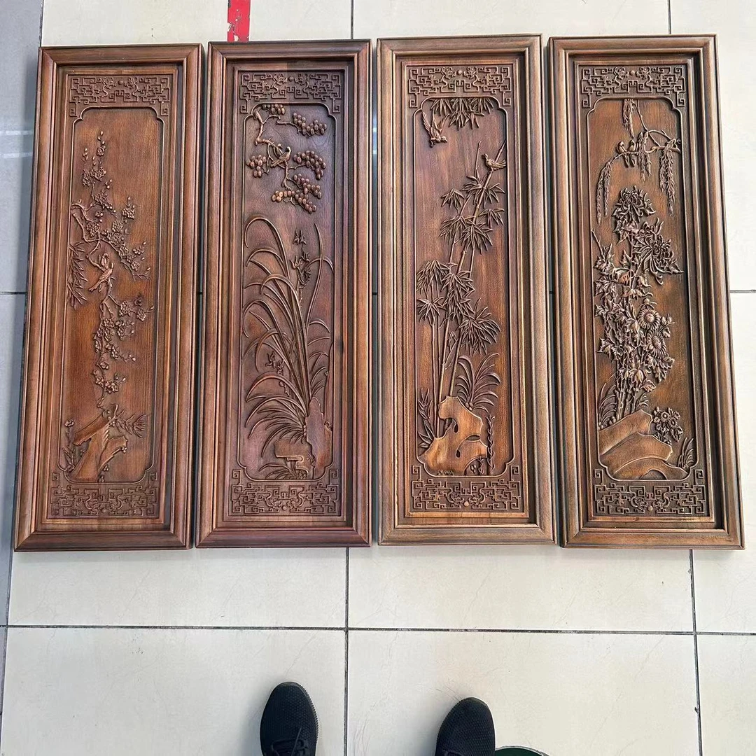 东阳木雕挂件中堂客厅背景墙木质壁挂画香樟木梅兰竹菊四条屏工艺