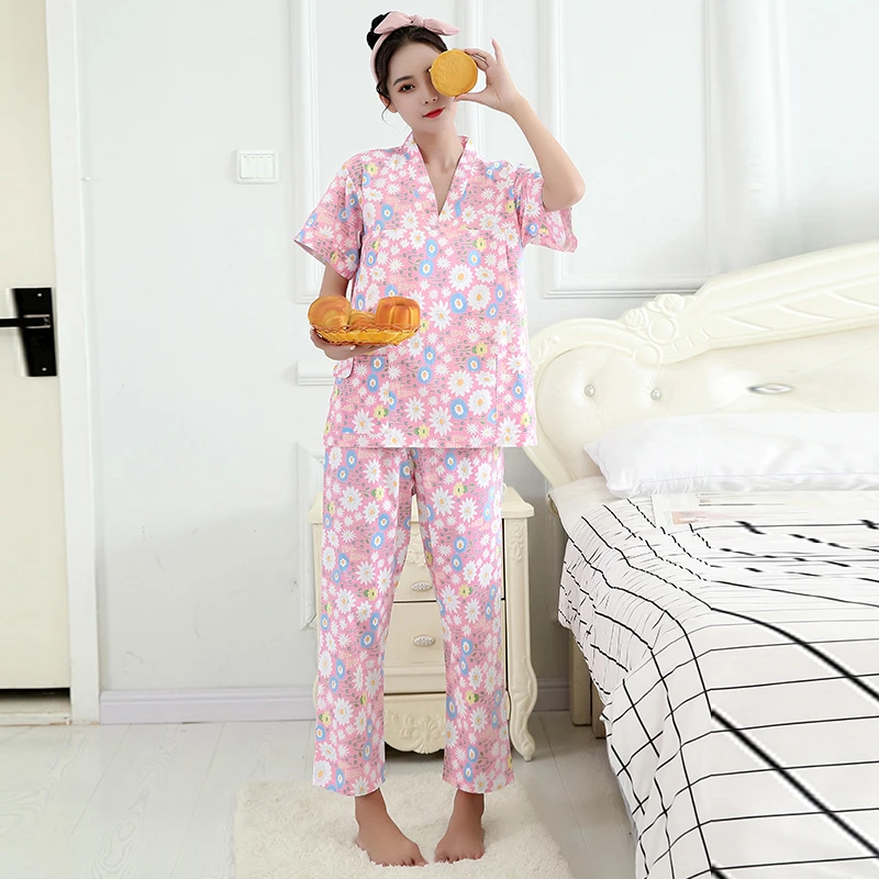 【秋冬新款】新款碎花短袖长裤棉春秋睡衣女加肥加大家居服可汗蒸
