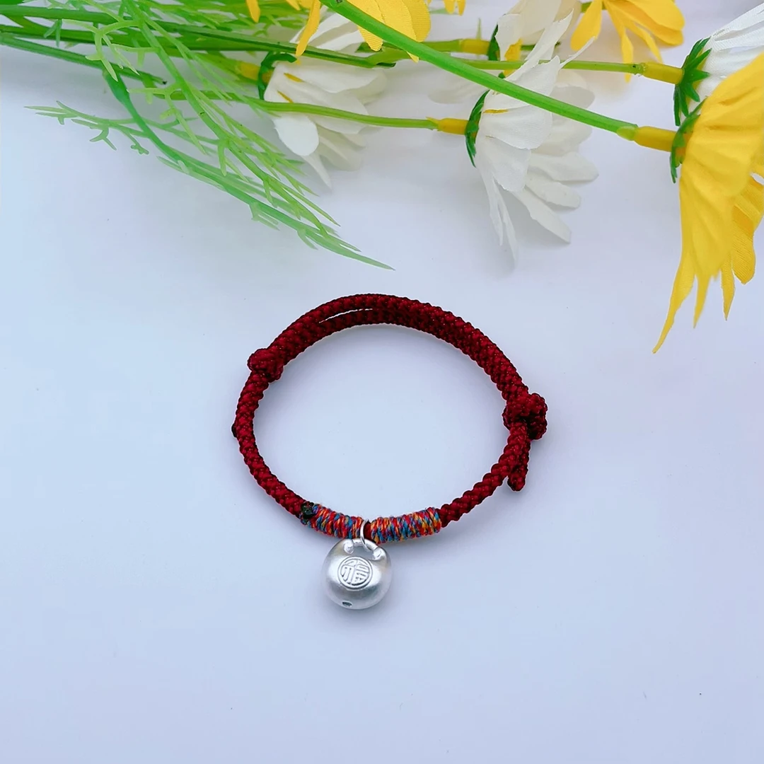 足银手链 足银小胖福吊坠编绳手链宝宝手绳民族风编织可调节