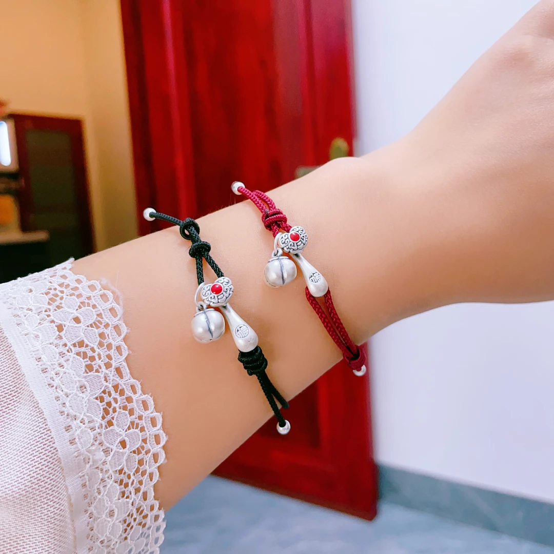 足银手链 足银999柿柿如意手链复古风男女情侣款红绳手链送礼佳品