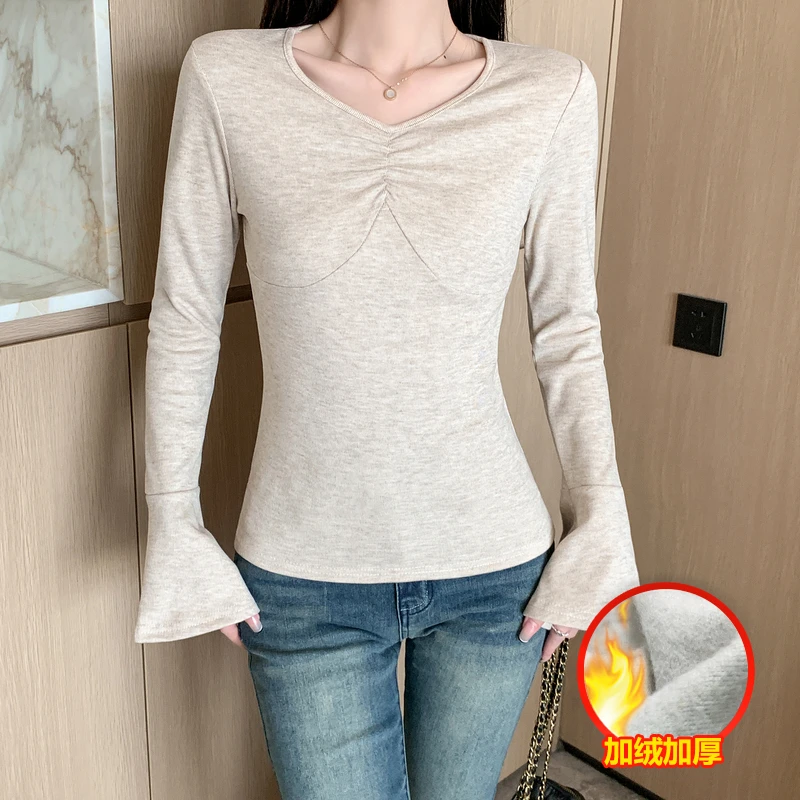 1073-喇叭袖设计感秋冬V领加绒打底衫女长袖T恤修身上衣百搭纯色