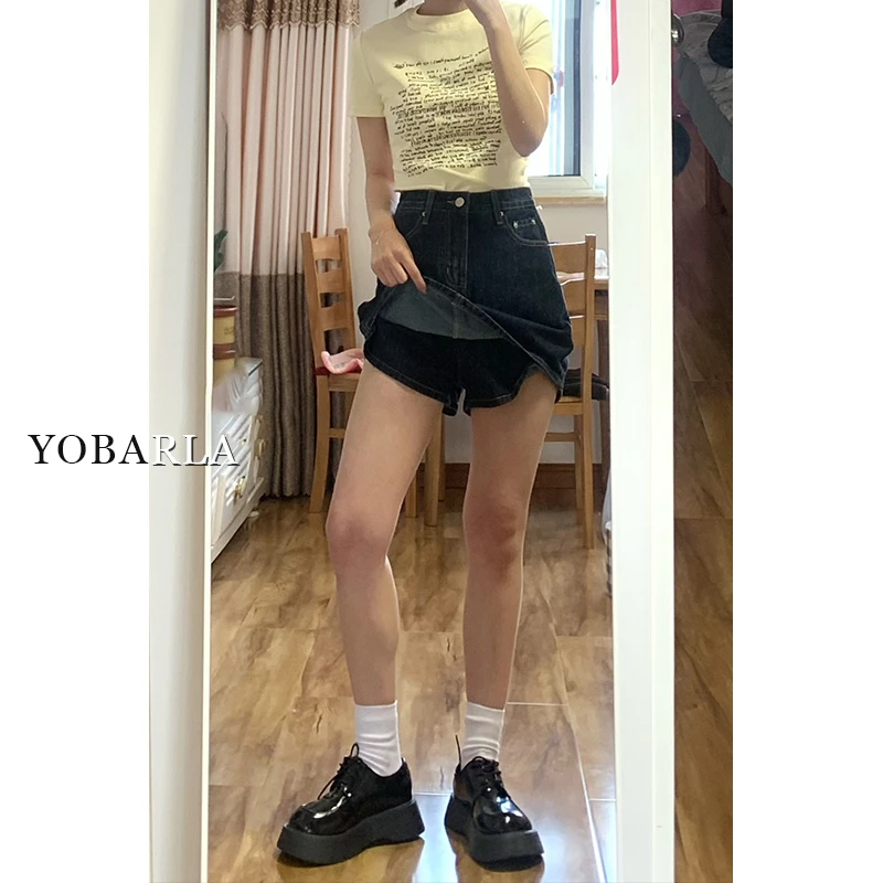 深蓝色牛仔短裤裙女秋冬大码胖mm遮肚显瘦梨形身材高腰a字半身裙