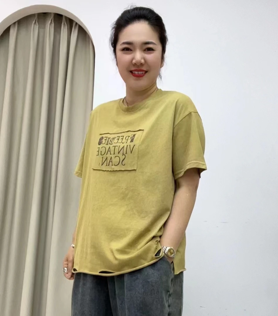 2024夏款大版休闲宽松麻棉复古短袖T恤
