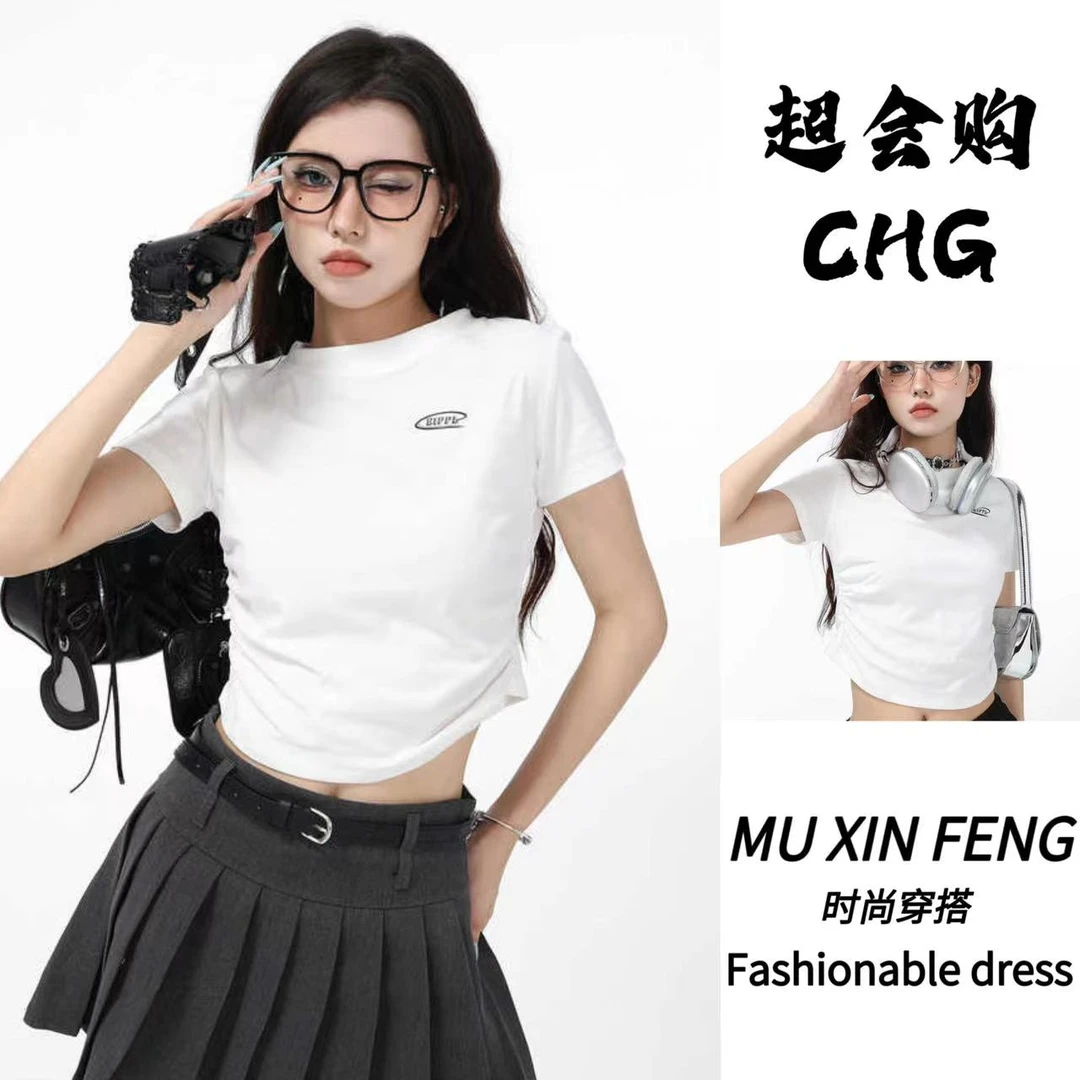 美式复古白色正肩短袖t恤女夏季不规则修身显瘦辣妹短款露脐上衣