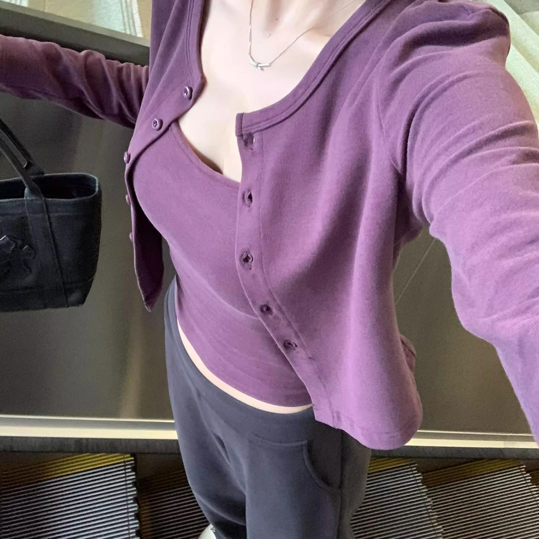 韩系辣妹紫色吊带背心针织开衫小个子短款修身上衣两件套装女秋季