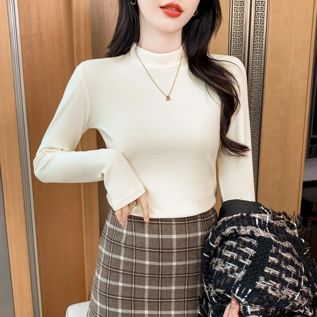 双面磨毛绒打底衫女百搭内搭长袖上衣正肩显瘦2023秋冬半高领秋衣