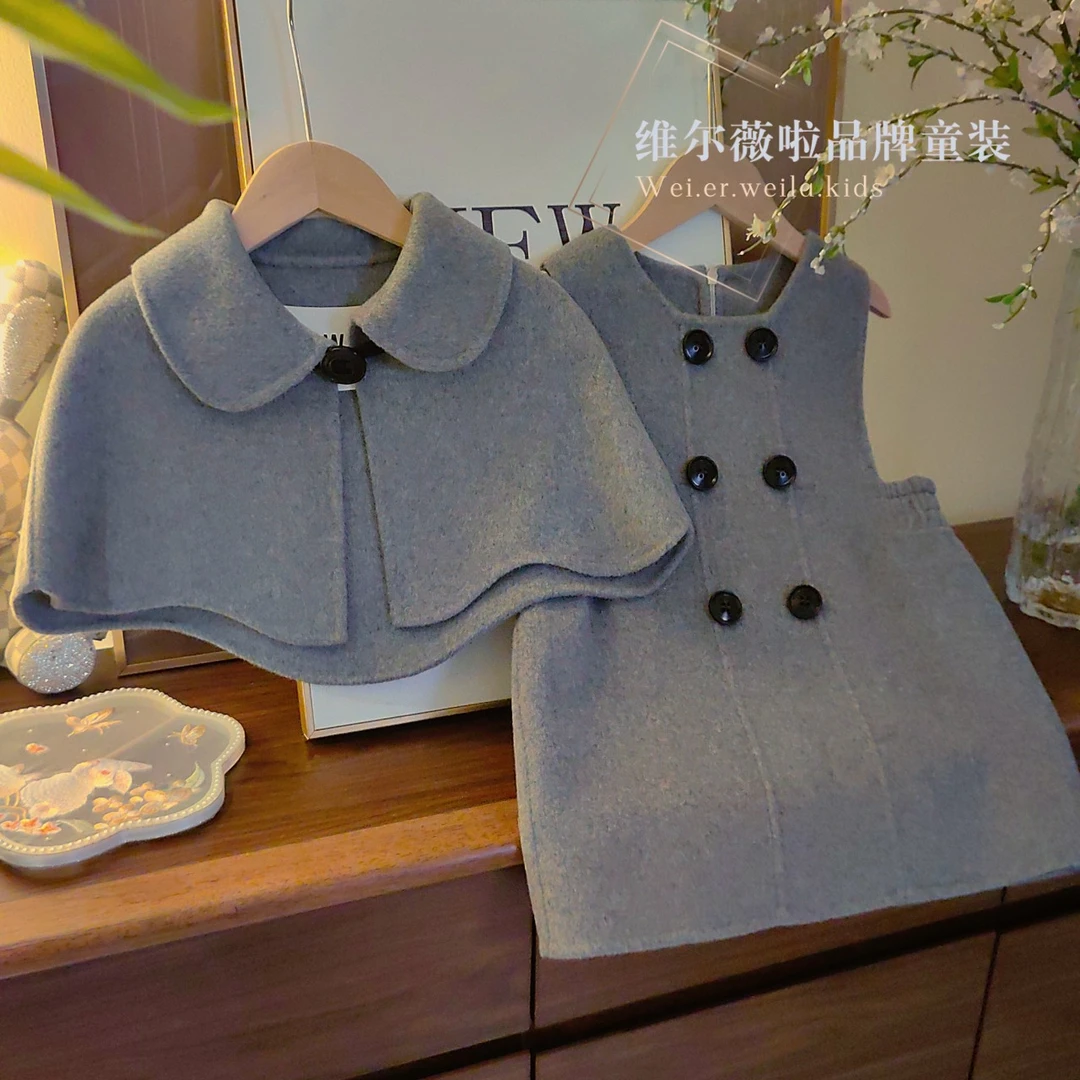 <高级灰>【 澳洲羊毛、纯手工双面呢】女童秋冬季新款背心裙套装