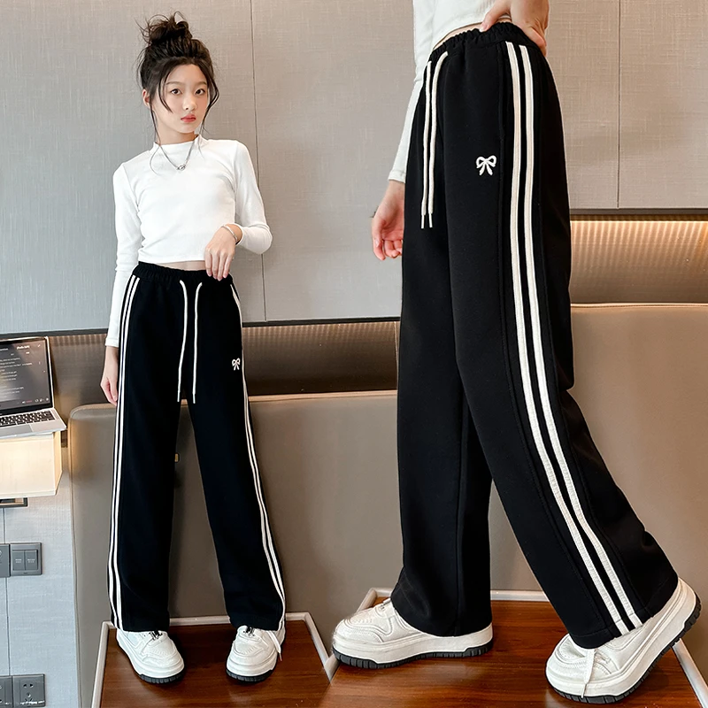 女童侧边拼接拉条休闲裤直筒垂顺2024新款裤子中大童窄版阔腿裤潮
