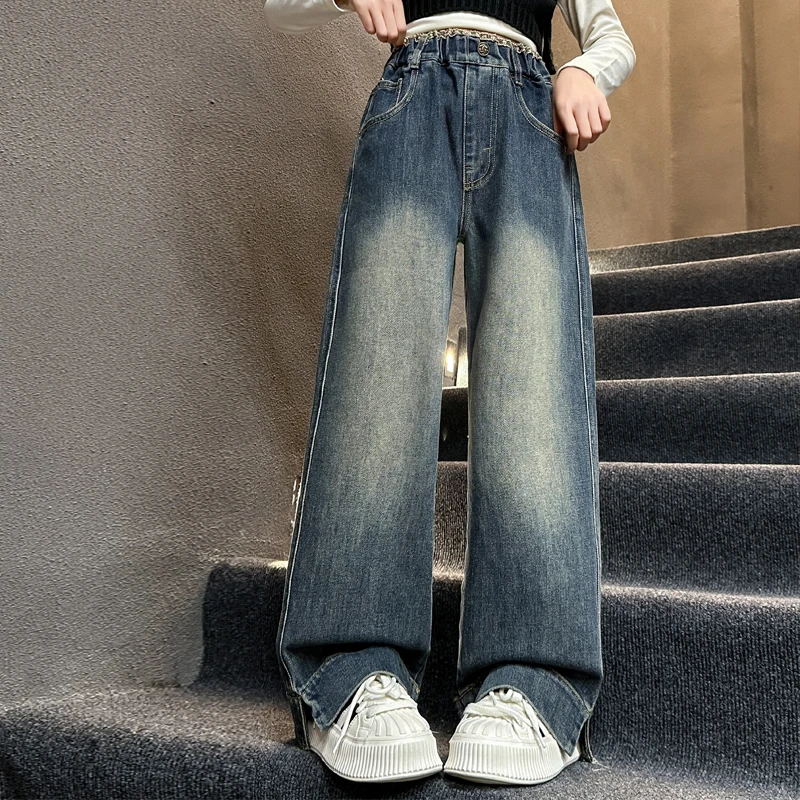 女童装牛仔裤秋季韩版复古阔腿裤2024新款女大童裤子裤脚开叉百搭