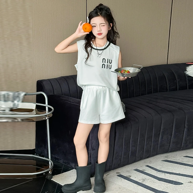 女童夏装时髦休闲短裤套装2024新款中大儿童无袖上衣两件套潮女孩