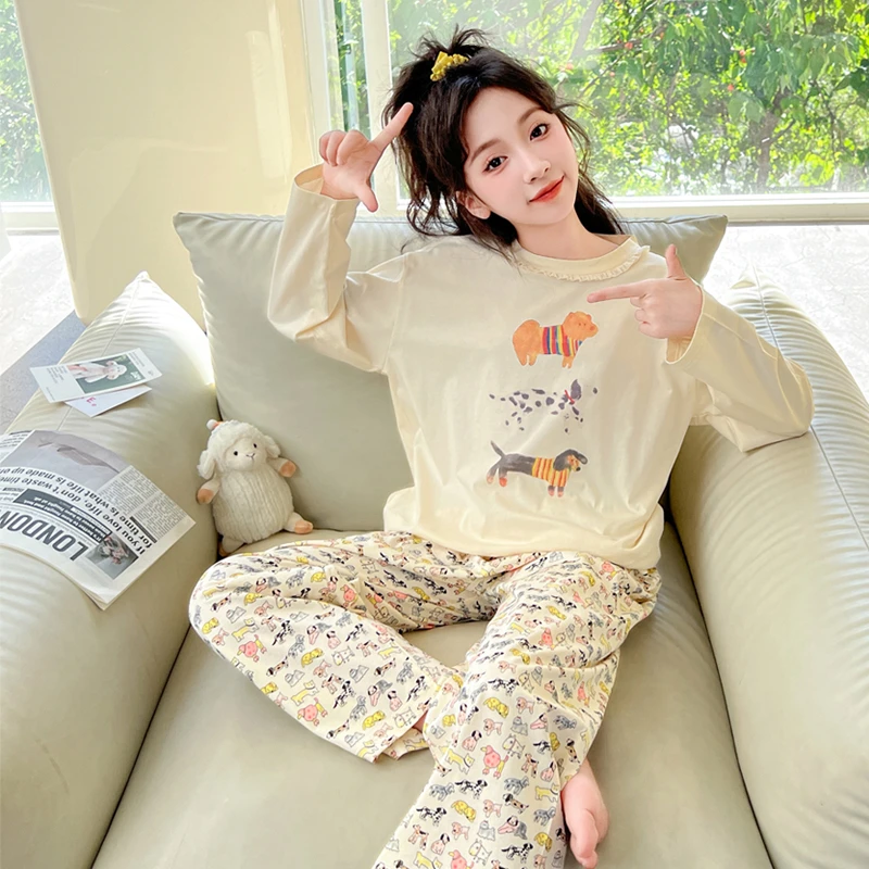 女童家居服套装春秋长袖卡通两件套睡衣中大童2024新款舒适可外穿